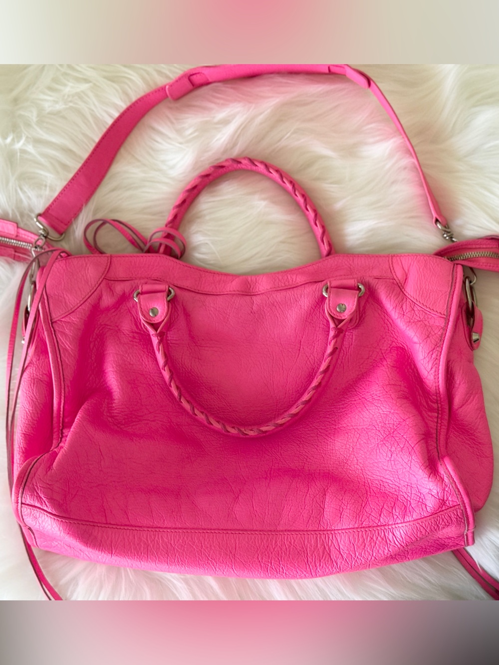 BALENCIAGA CITY BAG BARBIE PINK W/STRAP & MIRROR MOTO BAG MEDIUM ROSE FLUO NEON - Picture 14 of 15